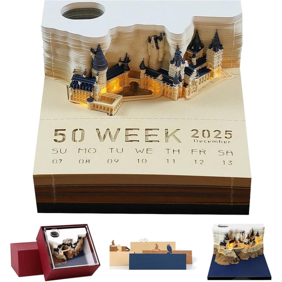 SQDWYGUO 3D Memo Pad Calendar 2025,3D Magic Castle Weekly Calendar Notepad with Light&Holder,Time Piece Desk Calendar Memo Pad DIY Decoration Gift,Dark Blue,3.54" x 3.54"x 1.96"