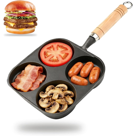 SQDWYGUO 4 Hole Frying Pan Egg Pan, Cast Iron Egg Pan, Cast Iron 4 Cup Egg Frying Pan with Wooden Handle, Non Stick Egg Cooker Pan for Breakfast Pancakes Omelettes,Black,1