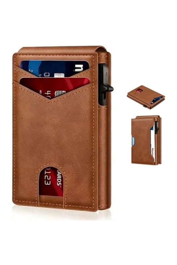 Aluminum RFID Slim Wallet with Pop Up Card Case for Men, 2026 New Minimalist Leather Wallet, Upgraded Pop Up Wallet, Leather Card Holder for Business,Brown-a,Wallet