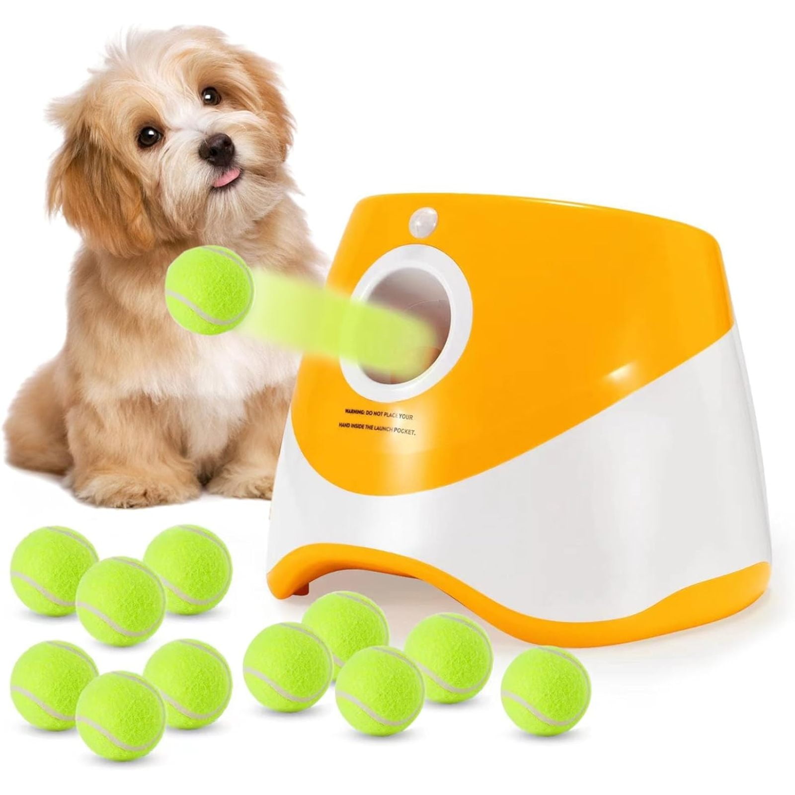 SQDWYGUO Automatic Dog Ball Thrower Launcher with 12 PCS Tennis Balls,Thrower Distance 10-30ft, Interactive Dog Fetch Machine Toy for Small Dogs,Yellow