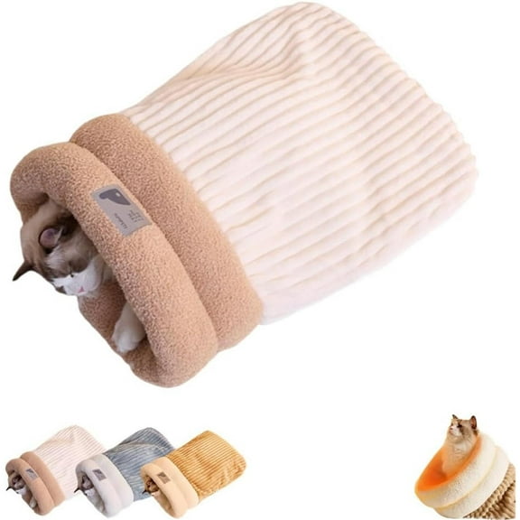 SQDWYGUO Cat Sleeping Bag Bed, Cat Winter Sleeping Bag Soft Plush Cat Sack Self Warming Cat Cave Bed for Indoor Cats, Cat Hideaways Pet Snuggle Sack for Kitten Puppy,A-Beige,pet bag