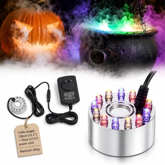 SQDWYGUO Halloween Mist Maker Fogger with 12 LED Lights,Small Ultrasonic Fog Machine, For Pond Fountain Water Garden, Mister Air Humidifier, Halloween Spooky Atmosphere Effects,1PCS