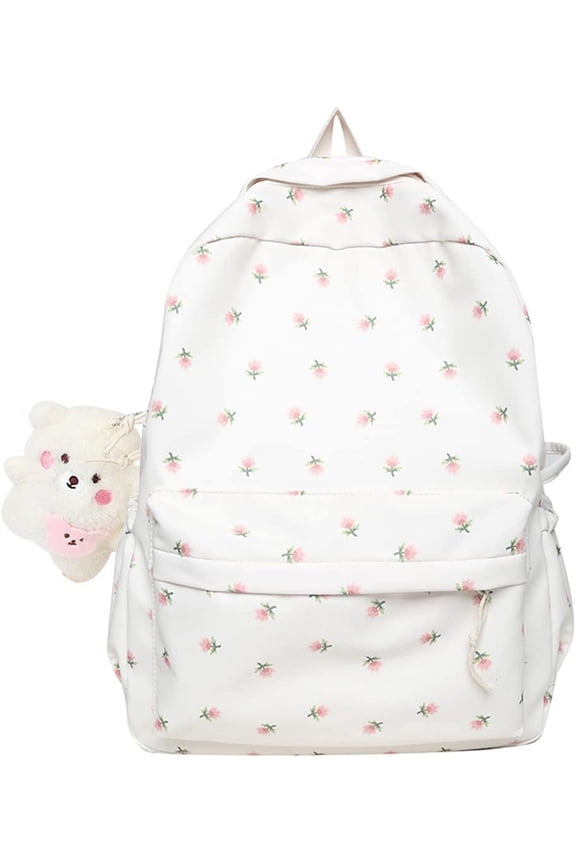Kawaii Backpack Mori Art Floral Backpack With Pendant 16.1 Inch Aesthetic Backpack Cute Backpack Classic Casual Computer Backpack,White