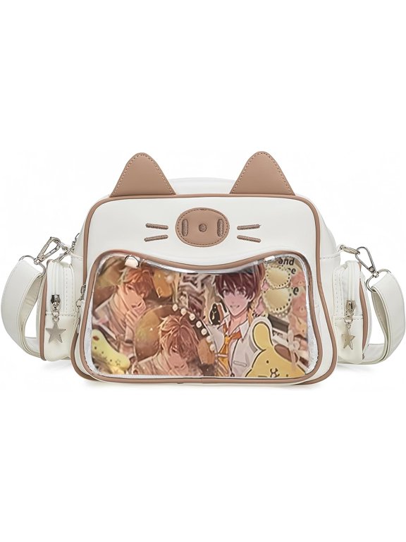 Kawaii Ita Bag Backpack with Insert Cute Cat Crossbody Shoulder Bag Big Capacity Japanese Pin Display Bag,White,outdoor