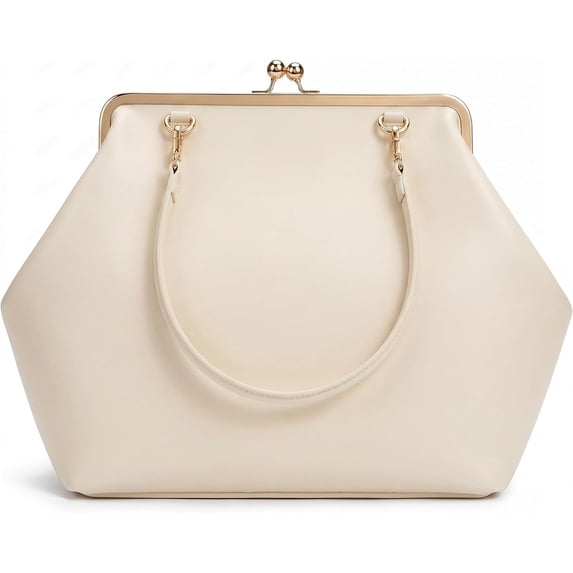SQDWYGUO Kiss Lock Frame Handbag, PU Leather Shoulder Tote Bag Messenger Hobo Clutch Purse for Women Formal Work Leisure,Pu Beige,1