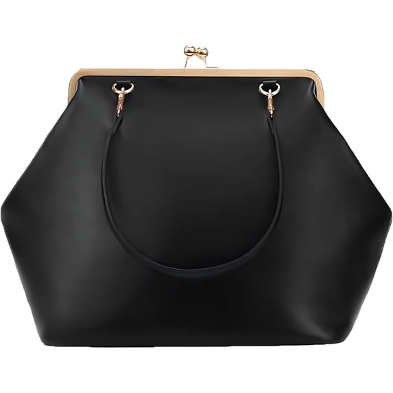 SQDWYGUO Kiss Lock Frame Handbag, PU Leather Shoulder Tote Bag Messenger Hobo Clutch Purse for Women Formal Work Leisure,Pure Black,1