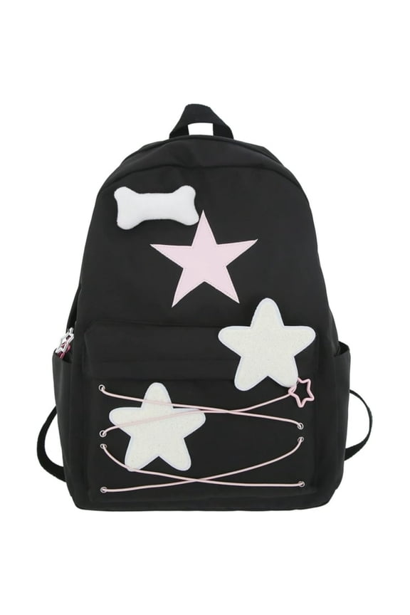 Preppy Backpack Cute Stars Pattern Korean Style Backpack Aesthetic College Backpack for Work Travel,Black