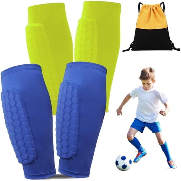SQDWYGUO Shin Defender Shin Guards - 2 Set Soccer Shin Guards Shin Pads, Kids Shin Guards Sleeves Guards Soccer, with Honeycomb Pads, for Soccer Kids Youth Adult,Green Blue,L(age 14 )