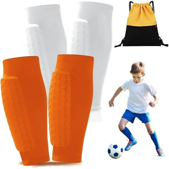 SQDWYGUO Shin Defender Shin Guards - 2 Set Soccer Shin Guards Shin Pads, Kids Shin Guards Sleeves Guards Soccer, with Honeycomb Pads, for Soccer Kids Youth Adult,Orange White,S(age 6-10)
