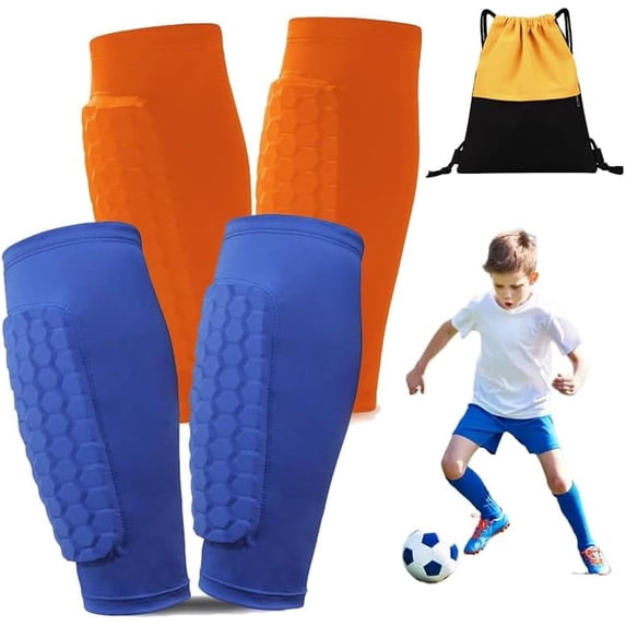 SQDWYGUO Shin Defender Shin Guards - 2 Set Soccer Shin Guards Shin Pads, Kids Shin Guards Sleeves Guards Soccer, with Honeycomb Pads, for Soccer Kids Youth Adult,Orange Blue,XL(adult)