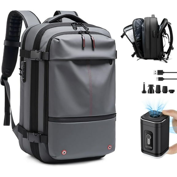 SQDWYGUO Vacpack Backpack, Airback Backpack with Pump, 60L Expandable Backpack with Vacuum Compression, Waterproof and Anti-Theft Air Vacuum Backpack for Travel,Gray