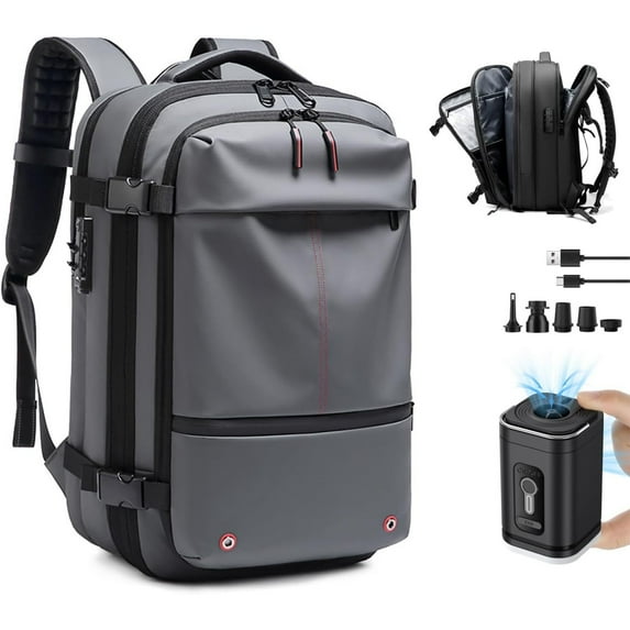 SQDWYGUO Vacpack Backpack, Airback Backpack with Pump, 60L Expandable Backpack with Vacuum Compression, Waterproof and Anti-Theft Air Vacuum Backpack for Travel,Gray
