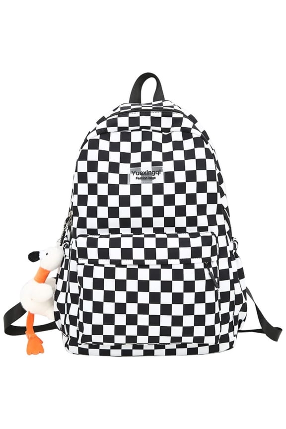 Y2K Checkered Backpack with Kawaii Pendant Checkerboard Backpack Cute Preppy Laptop Backpack Light Rucksack,Black