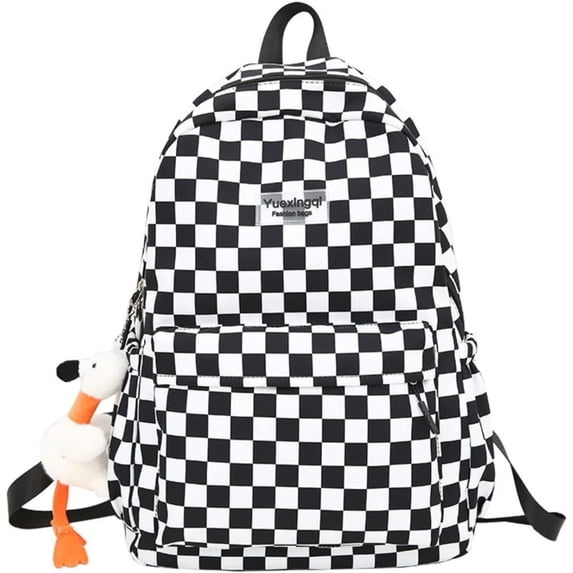 SQDWYGUO Y2K Checkered Backpack with Kawaii Pendant Checkerboard Backpack Cute Preppy Laptop Backpack Light Rucksack,Black