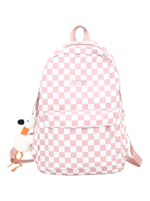 Y2K Checkered Backpack with Kawaii Pendant Checkerboard Backpack Cute Preppy Laptop Backpack Light Rucksack,Pink