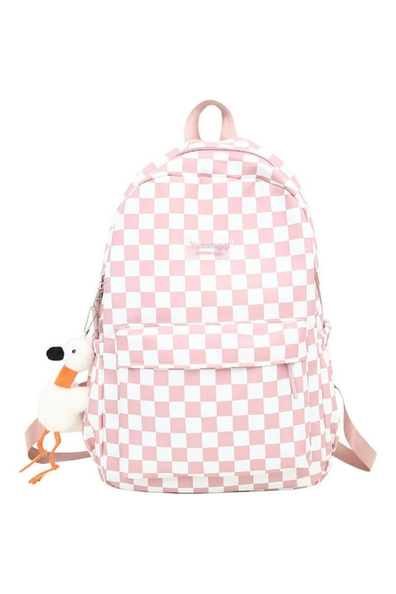 Y2K Checkered Backpack with Kawaii Pendant Checkerboard Backpack Cute Preppy Laptop Backpack Light Rucksack,Pink