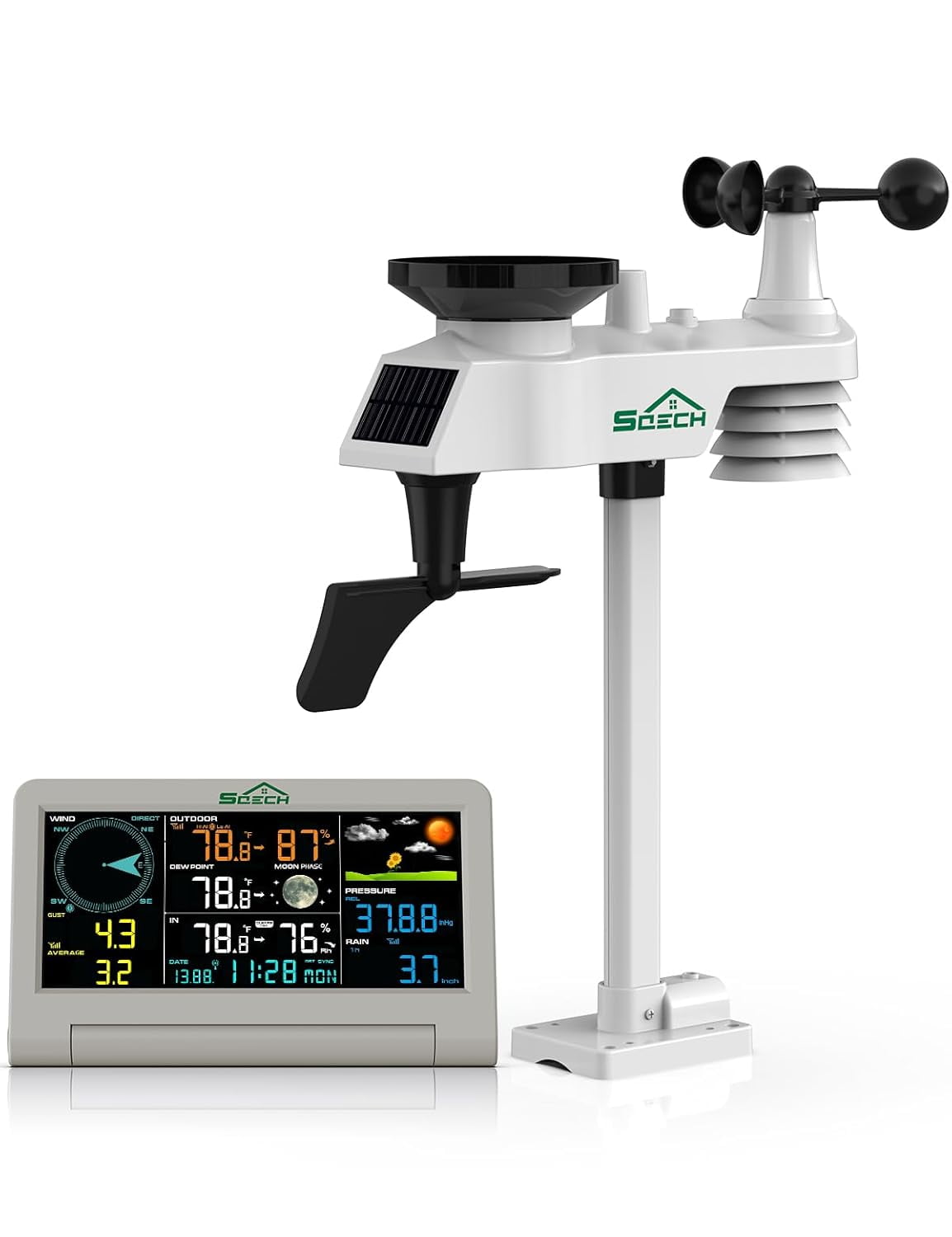 SQECH Weather Station,Weather Stations Wireless Indoor Outdoor with 7-in-1 Outdoor Sensor,Home Weather Station with Weather Forecast,Temp&Humidity,Rain Gauge,Wind,Moon Phase,Calendar,Alarm Clock