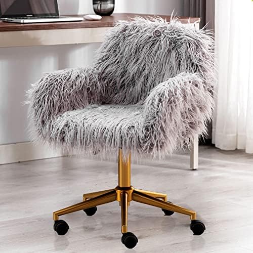 SQFHV Pink Fuzzy Vanity Chair Cute Faux Fur Desk Chairs with Wheels Upholstered Seat Height
