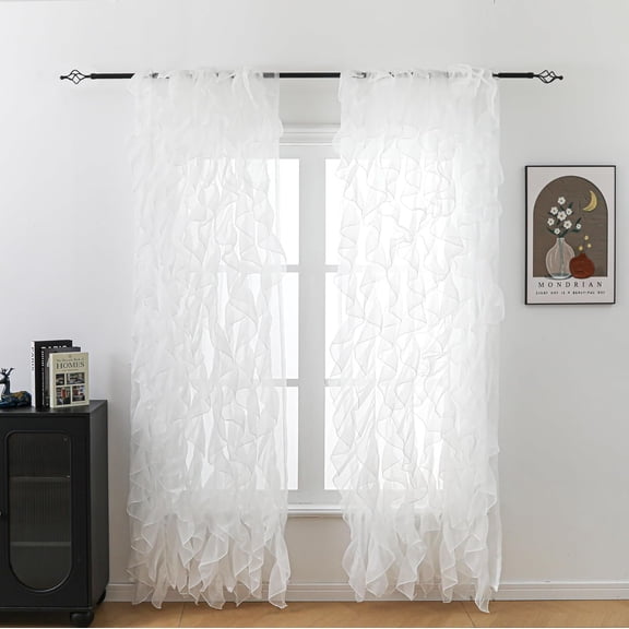 SQFSORV Shabby Chic Sheer Voile Vertical Ruffled Waterfall Window for Bedroom Living Room Curtain Panel 2 Panels (White, 50"x84")