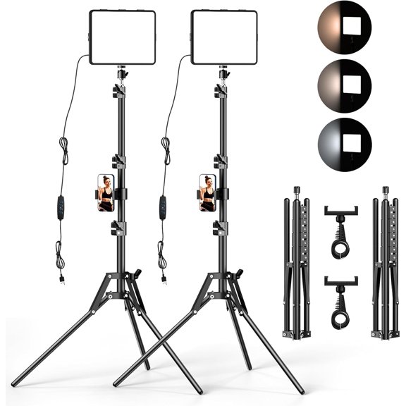 SQHQ 2 Packs Video Light Kit, LED Studio Light, 2700-6500K Dimmable Photography Lighting Kit with Tripod Stand&Phone Holder, 12" Rotating Streaming Light for Video Recording, Game Streaming, YouTube