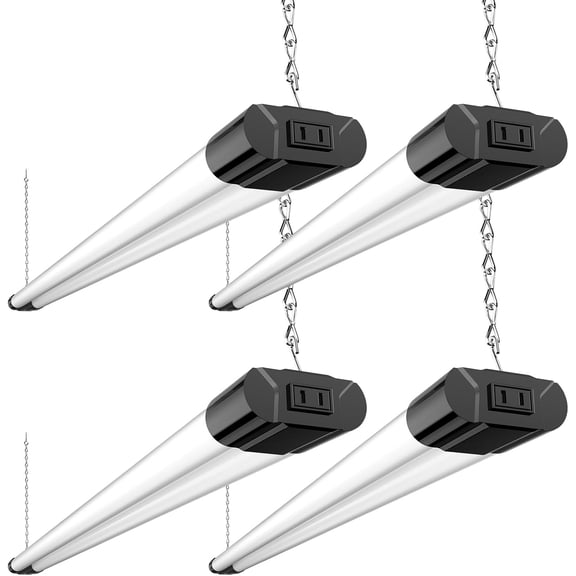 SQHQ 4 Pack Linkable LED Utility Shop Light, 4400 LM, Super Bright 6500K Cool Daylight, 4 FT Integrated Fixture for Garage, 40W Equivalent 250W, Surface + Suspension Mount, Black