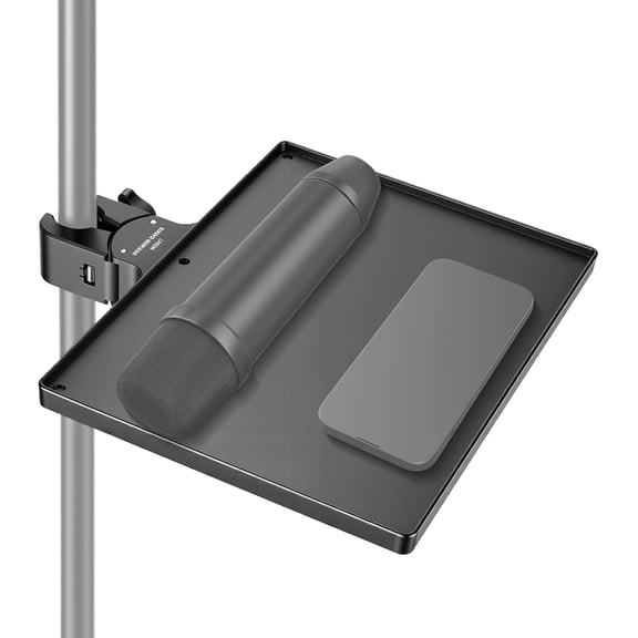 SQHQ BASICS Microphone Stand Tray, 10.6" x 8" x 1.3" Clamp on Mic Desk Shelf Attachment for Studio Stage Concert Karaoke Music Recording Meeting Outdoor Lecture for Storage, Max Load 4.4 lb, MS047