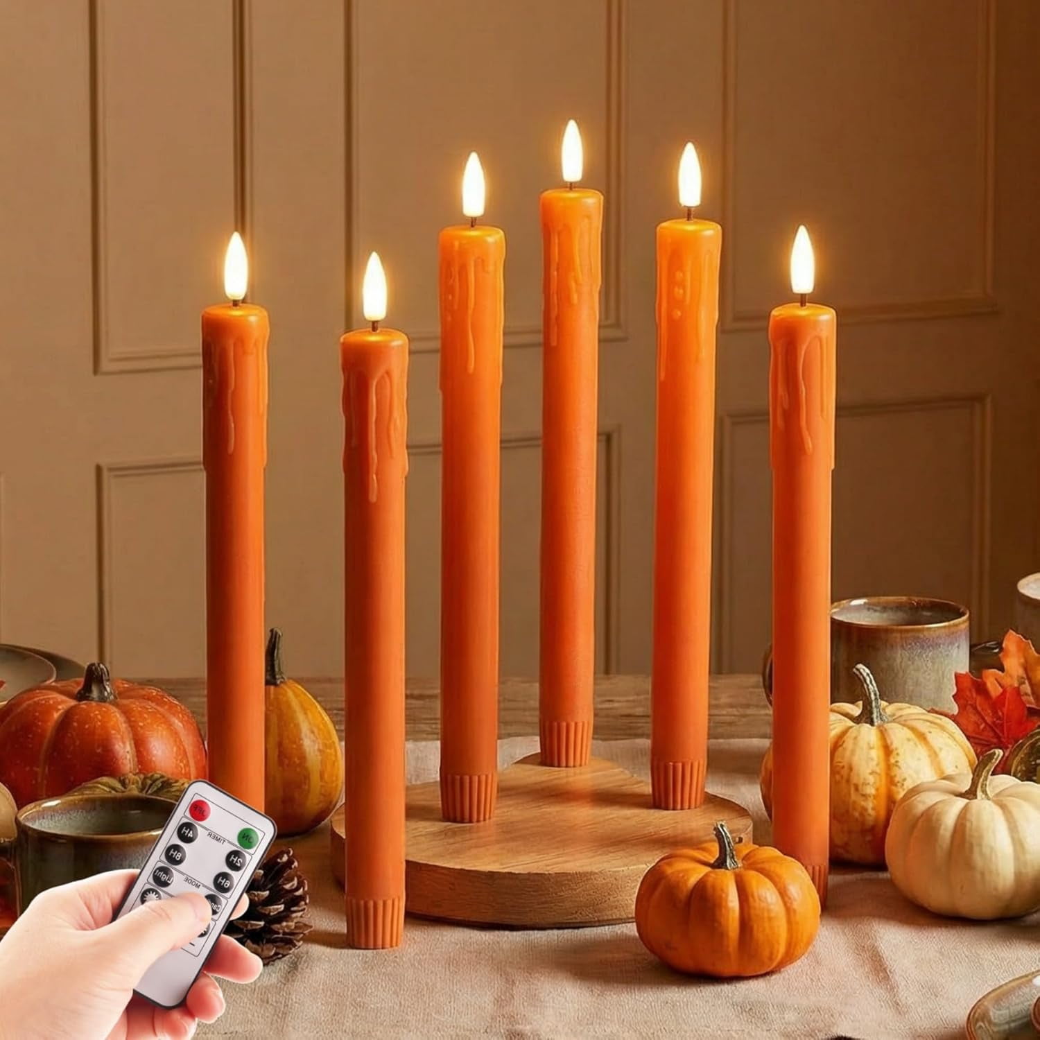 SQHQ Burnt Orange Flameless Taper Candles with Remote, Flickering Dripping Wax LED Candlesticks Battery Operated Set of 6