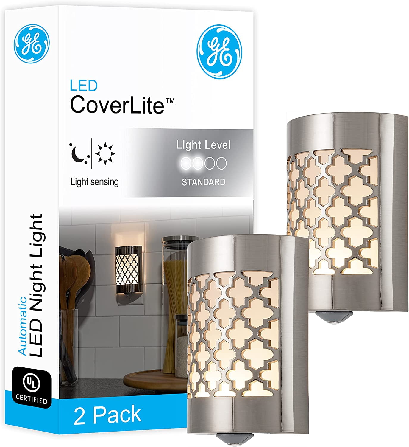 SQHQ CoverLite LED Night Light, Plug-in, Dusk to Dawn Sensor, Home Decor, LED Lights for Bedroom, Bathroom, Kitchen, Hallway, 2 Pack, 46815, Brushed Nickel | Moroccan