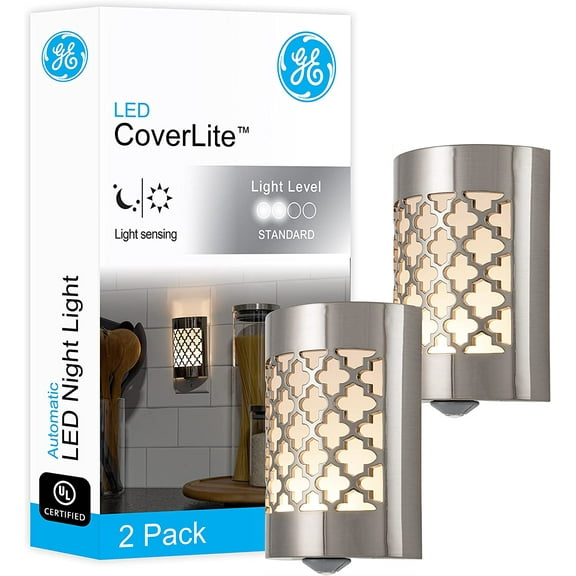 SQHQ CoverLite LED Night Light, Plug-in, Dusk to Dawn Sensor, Home Decor, LED Lights for Bedroom, Bathroom, Kitchen, Hallway, 2 Pack, 46815, Brushed Nickel | Moroccan