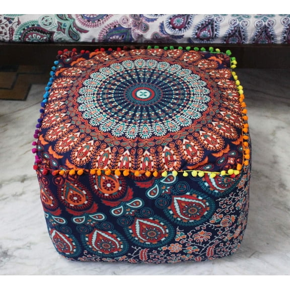 SQHQ Indian Square Patchwork Traditional Pouf Cover Indian Living Room Poufs Cover Decorative Designer Ottoman Home Living Footstool Pom Ottoman Cover Decor 22X22X14 inches, Multi-Color Mirchi