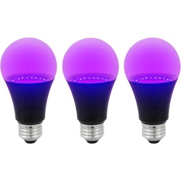 SQHQ LED A19 Black Light UV Bulb, 7W (60W Equiv.), Medium E26 Base, Non-Dimmable, 390-405nm Wavelength, Ideal for Black Light Room Decor, Halloween Decorations, Indoor UV Decor, UL Listed, 3 Pack