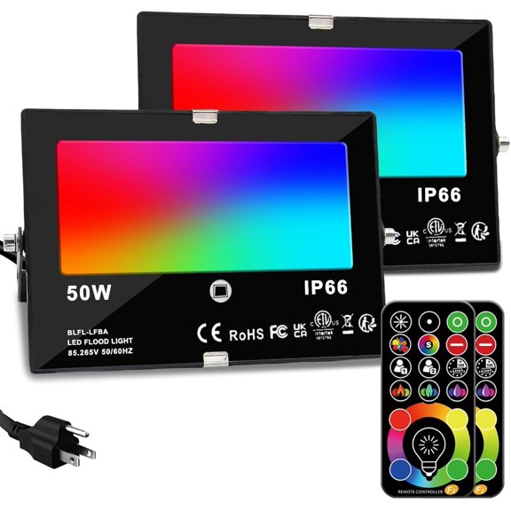 SQHQ LED Flood Light Outdoor, 50W RGB Color Changing Floodlight with Remote Control, RGBW 120 Colors, 2700K, 5000 Lumens, IP66 Waterproof, DIY Strobe Mode, Timing, for Halloween/Christmas (2 Pack)