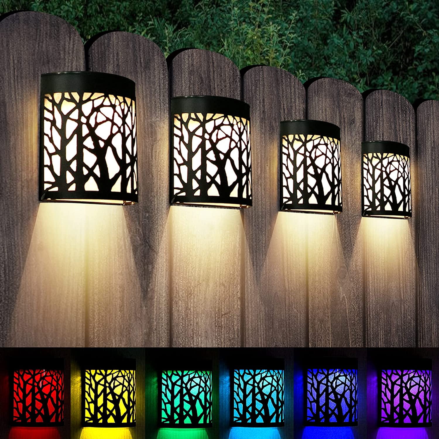 SQHQ Solar Wall Lights Outdoor Wall Sconce Fence Lighting for Patio Front Door Yard Deck Stair Led Forest Decorative Lamps, Waterproof, Warm White Color Changing (4 Pack)
