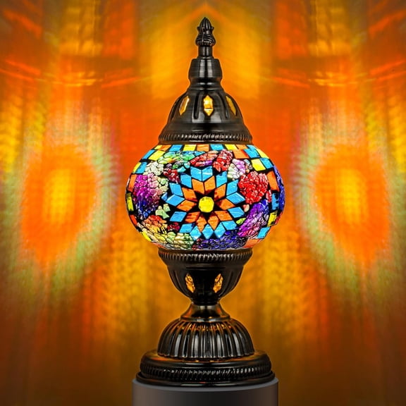 SQHQ Turkish Table Lamp with Bronze BaseHandmade Colorful Moroccan Tiffany Style Mosaic Glass Night Stand Light Fixture Including LED Bulb for Living Room Bedroom Decor (Colorful1)