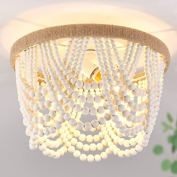 SQHQ Wood Beaded Flush Mount Ceiling Light Antique Rustic Mini Chandelier 3-Light White Boho Light Fixture for Dining Room,Nursery Room,Bedroom,Girl Room,Hallway,Entryway,Passway