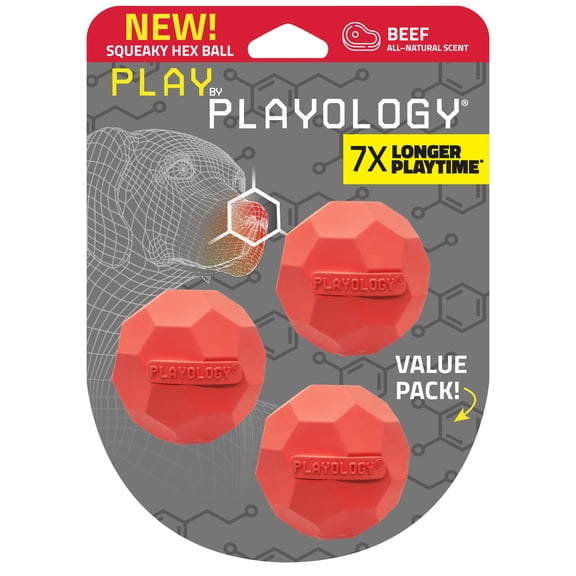 Play by Playology | Squeaky Texture Ball Small Beef 3 Pack | Beef Scented Rubber Dog Toy