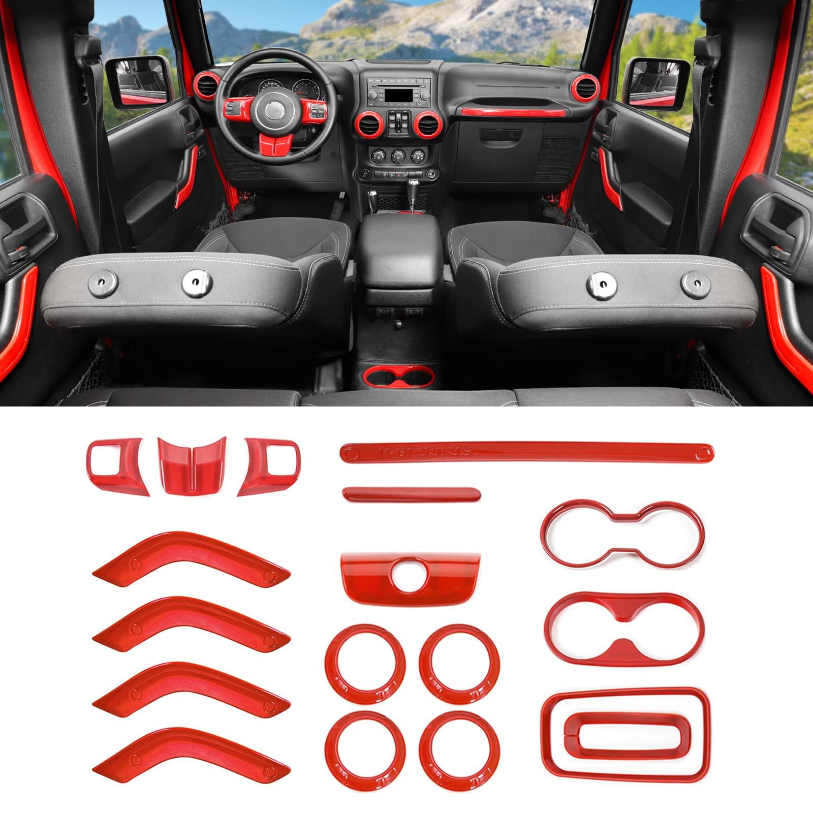18-Piece Interior Trim Kit For Jeep Wrangler JK/JKU (2011-2018) - Red Aluminum Dash & Console Accents