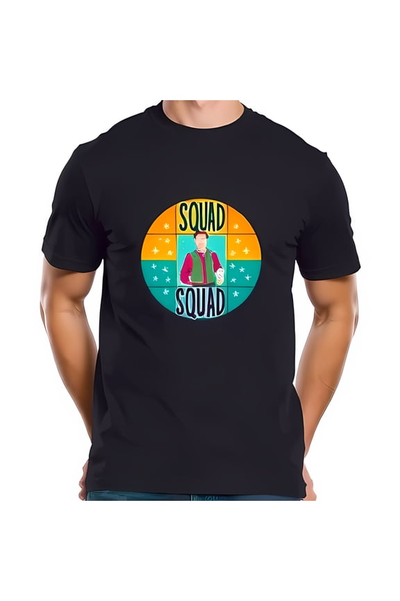 SQUAD Graphic Cotton Short Sleeve T-Shirt - Vibrant Black Tee with Colorful Character Design & Whimsical Stars