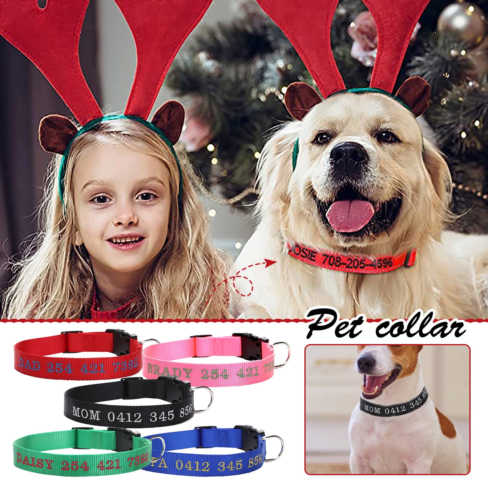 SQUARE CARMEN Dog Collar Embroidered Characters Anti Loss Pet Collar