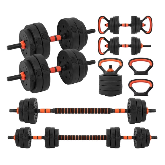 SQUATZ 4-in-1 Adjustable Dumbbell Set, 70 lb Weight Set with Barbell Connector, Kettlebell & Push-Up Handles for Home Gym Strength Training, Red