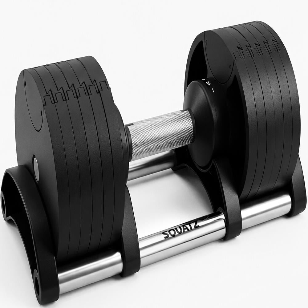 Squatz Adjustable Dumbbells Set – Quick Weight Change Dumbbells with Anti-Slip Handle, Secure Locking System, Space-Saving Design with Heavy-Duty Plates & Base
