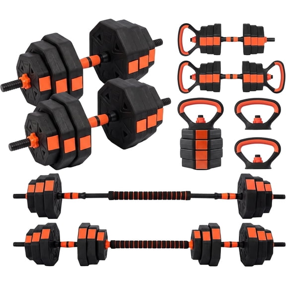 SQUATZ 70 lb Adjustable Dumbbell Set, 4-in-1 Home Gym Weight Set with Kettlebell, Barbell Connector & Push-Up Handles, Octagonal Weights for Strength Training