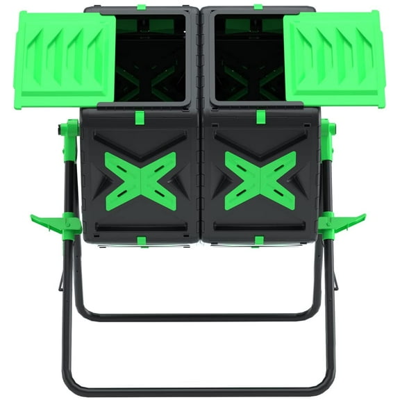 SQUEEZE master Large Dual Chamber Compost Bin Tumbler Outdoor Garden- Easy Rotating- Sturdy Steel Frame-Fast Composting (Green, 2  18.5 Gallon)