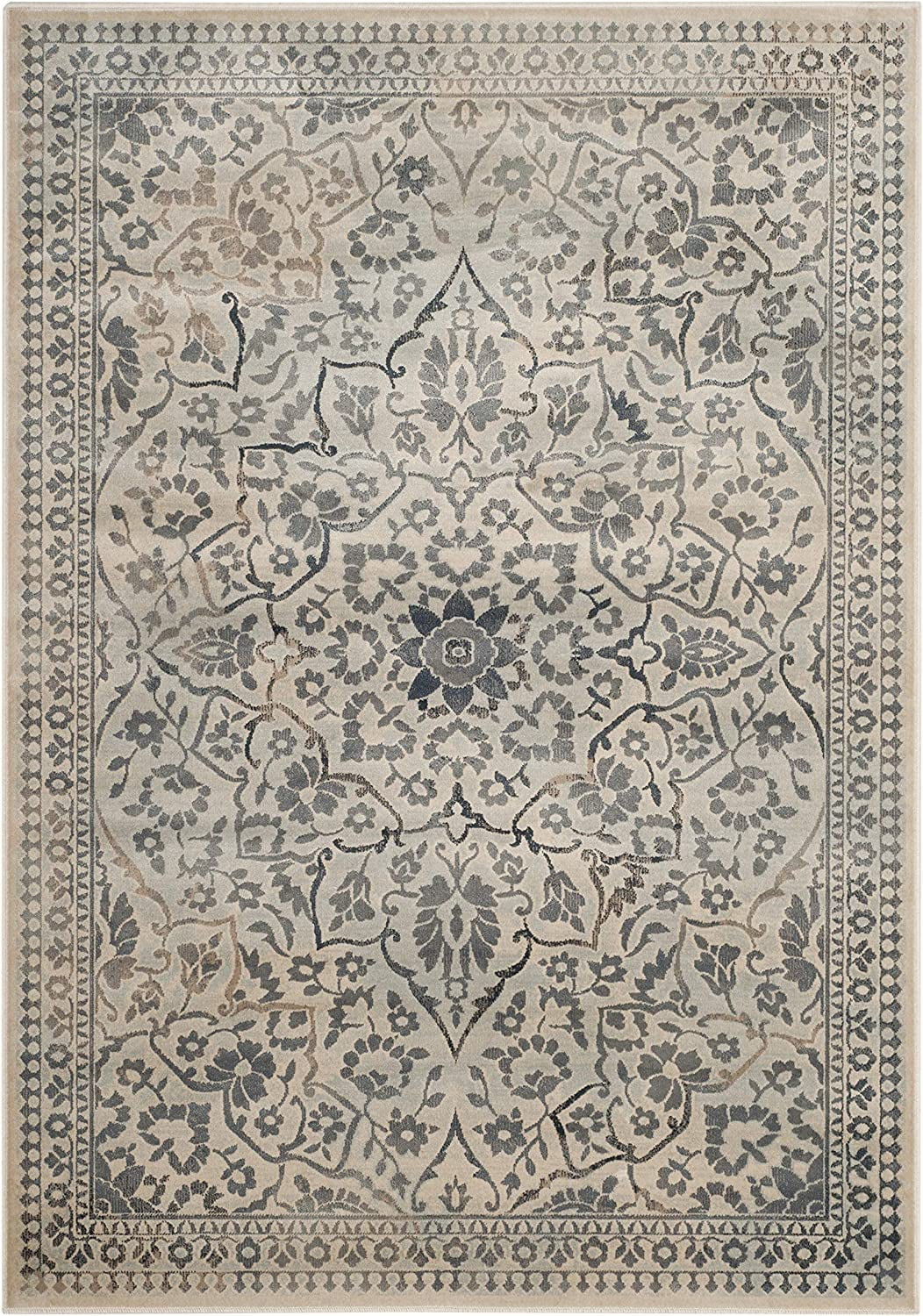 Vintage Cream and Light Blue Wool Viscose Area Rug