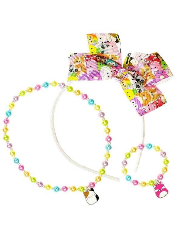 SQUISHMALLOW Cute Hair Headband Jewelry Set for Little Girls - 3pc Toddler Dress Up Kit - 1 Kids Headband With Bow - Necklace - Bracelet | girl birthday gift - Ages 3+