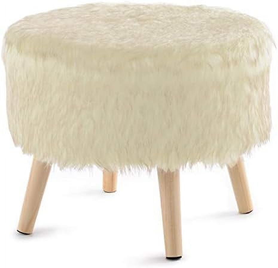 17" Beige Faux Fur Round Ottoman with Wooden Legs