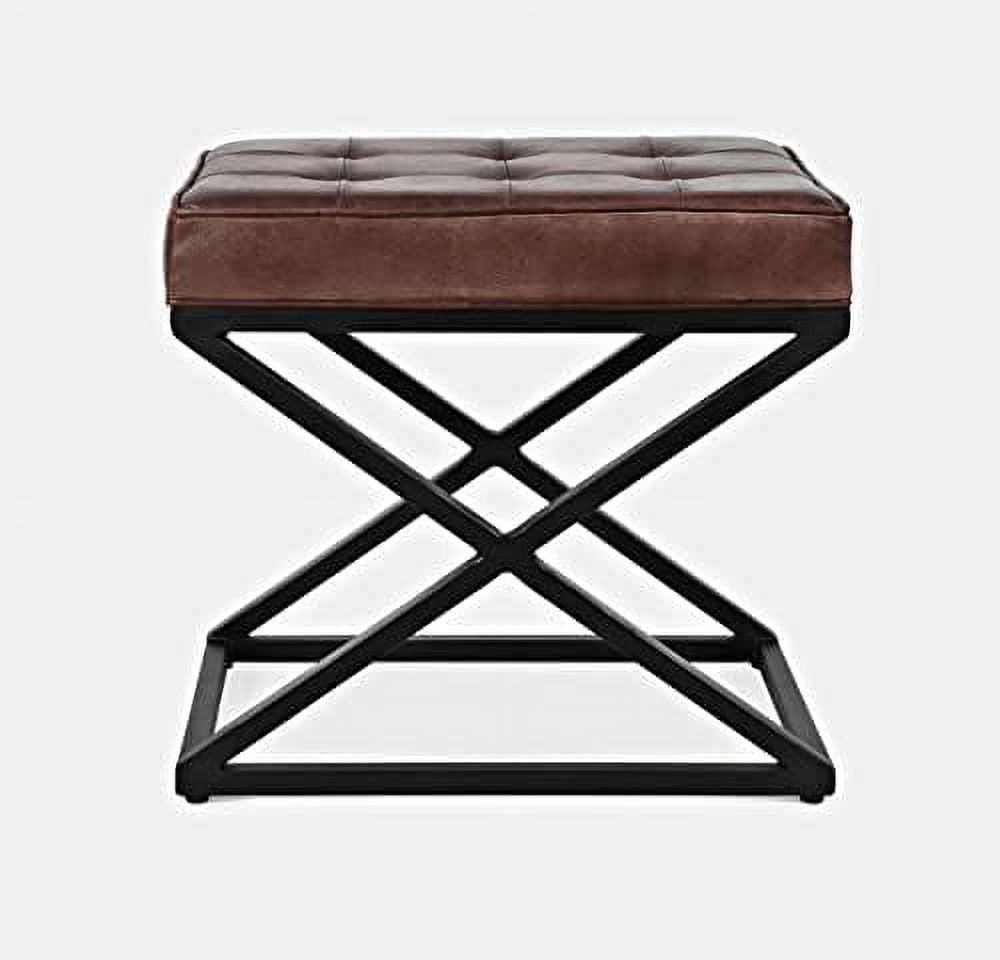 Saddle Brown Genuine Leather Tufted Footstool with Metal Base