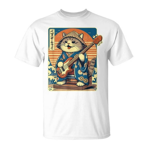 SR Japanese Samurai Cat Playing The Bass T-Shirt