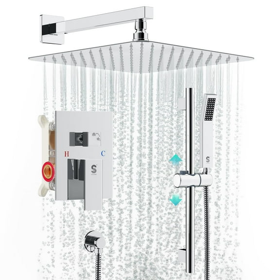 SR SUN RISE 10 Inch Square Shower Faucet, Adjustable 16-Inch Slide Bar Hand Held Shower with Hose, Square Rain Shower Head and Handheld Spray Included Valve and Shower Trim Kit, Polished Chrome