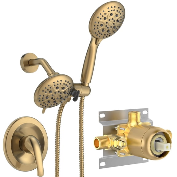 SR SUN RISE Dual 2-in-1 Shower System with Handheld, 3-Way Diverter, 6 Spray Settings, High Pressure, Solid Brass, Valve and Trim Kit, Brushed Gold